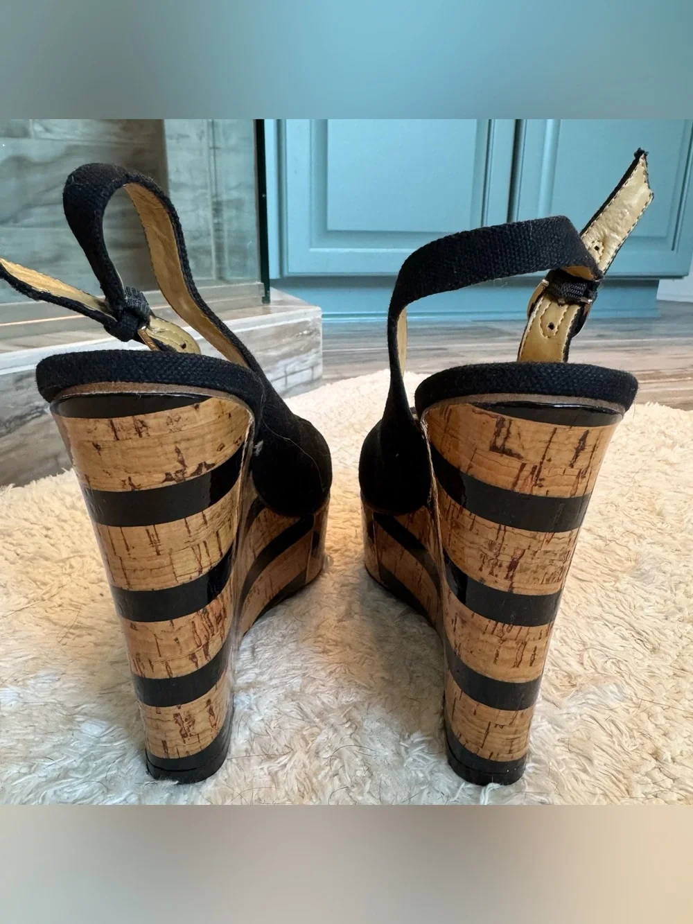 Nine West Black Fabric Slingback Wedges with Cork Stripe Platform